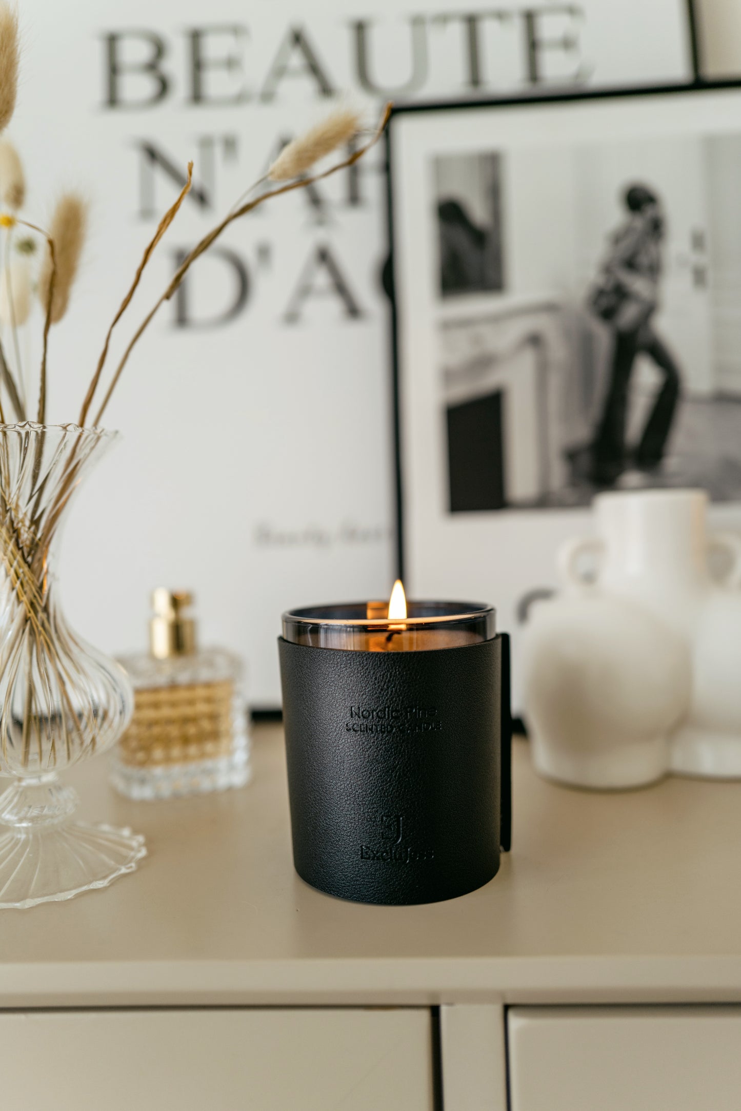 ExcluJess Leather Premium Candles Black on shelf lighted
