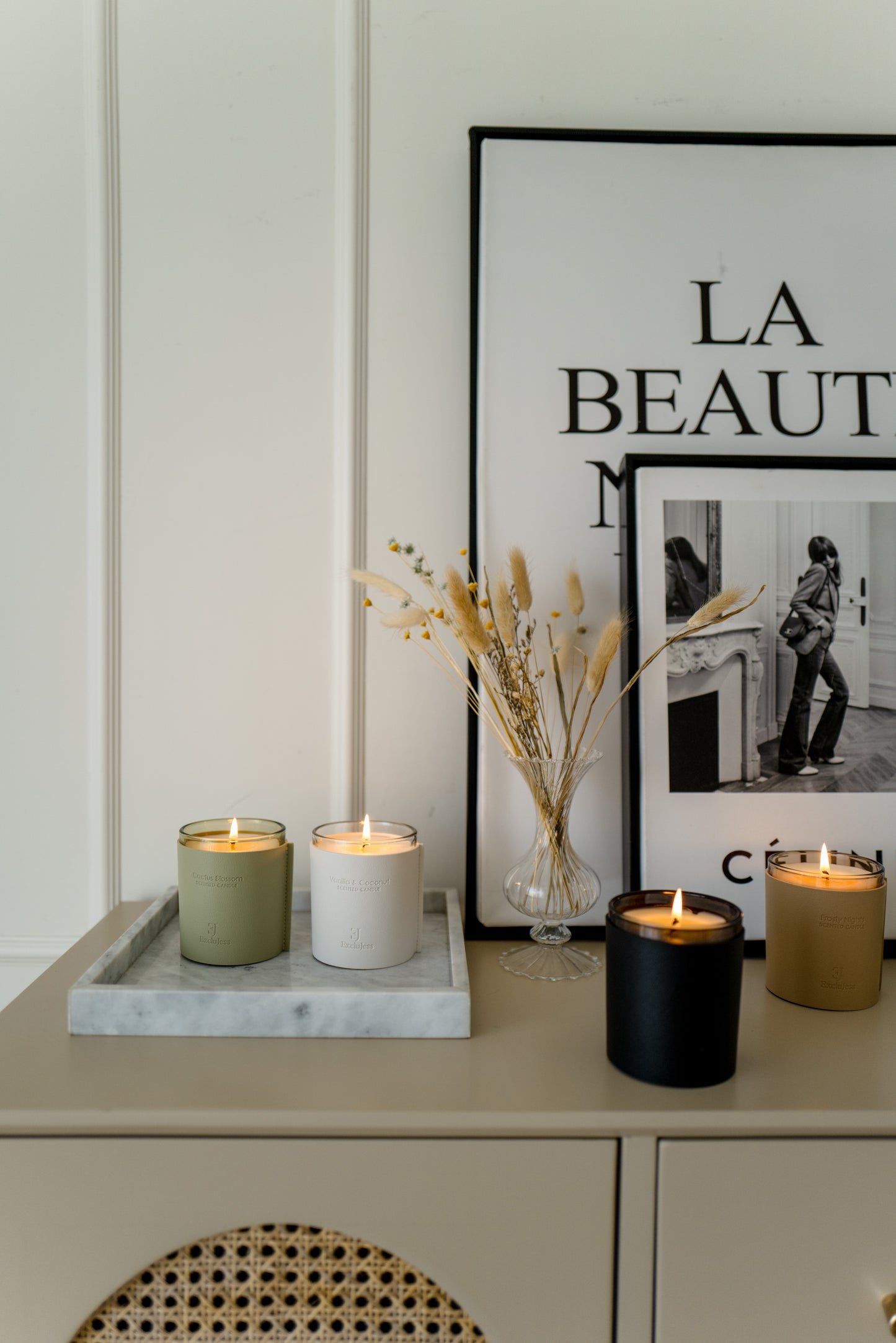 ExcluJess Leather Premium Candles Collection on the shelf