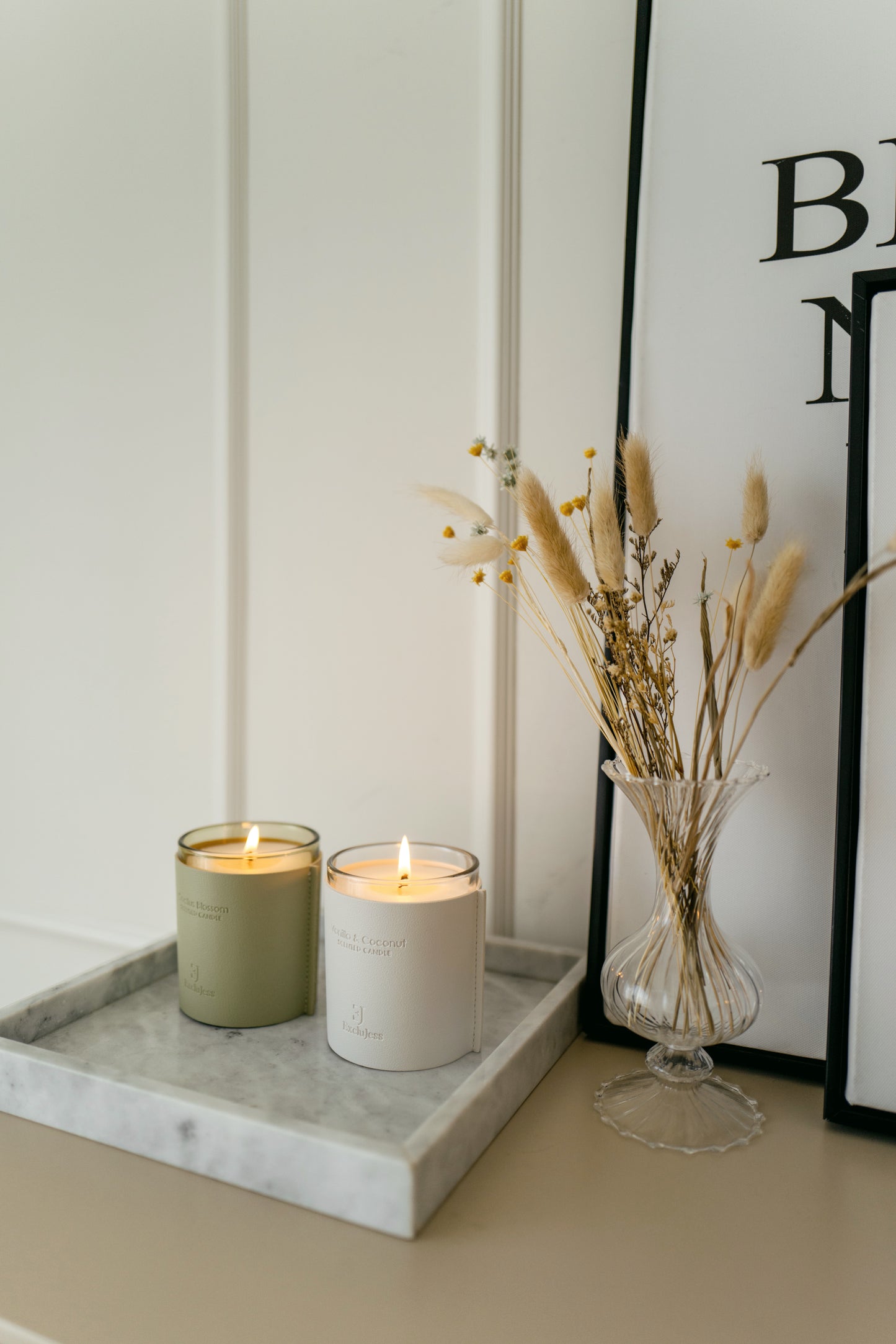 ExcluJess Leather Premium Candles Collection green and white lighted
