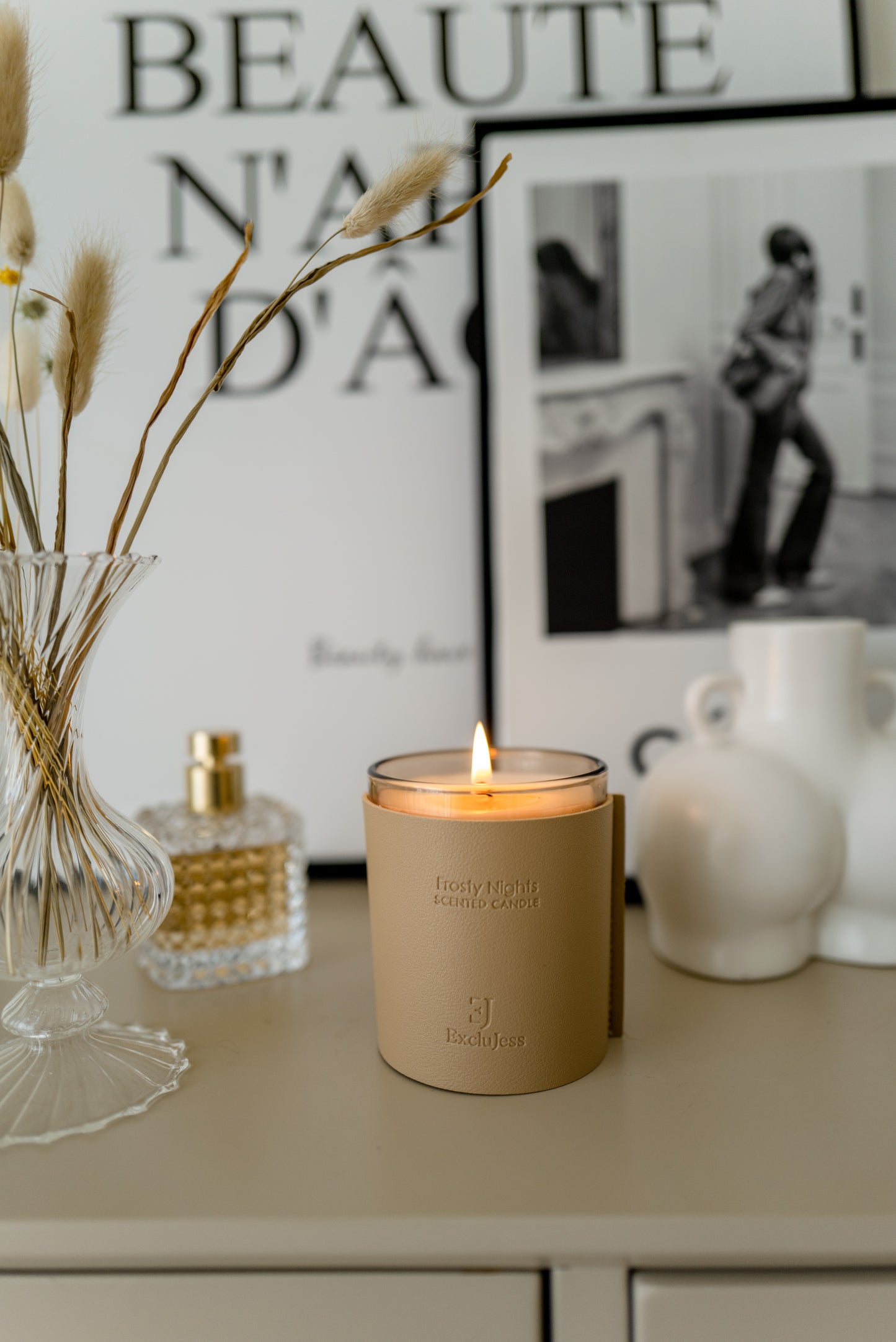 ExcluJess Leather Premium Candles Pink on shelf lighted