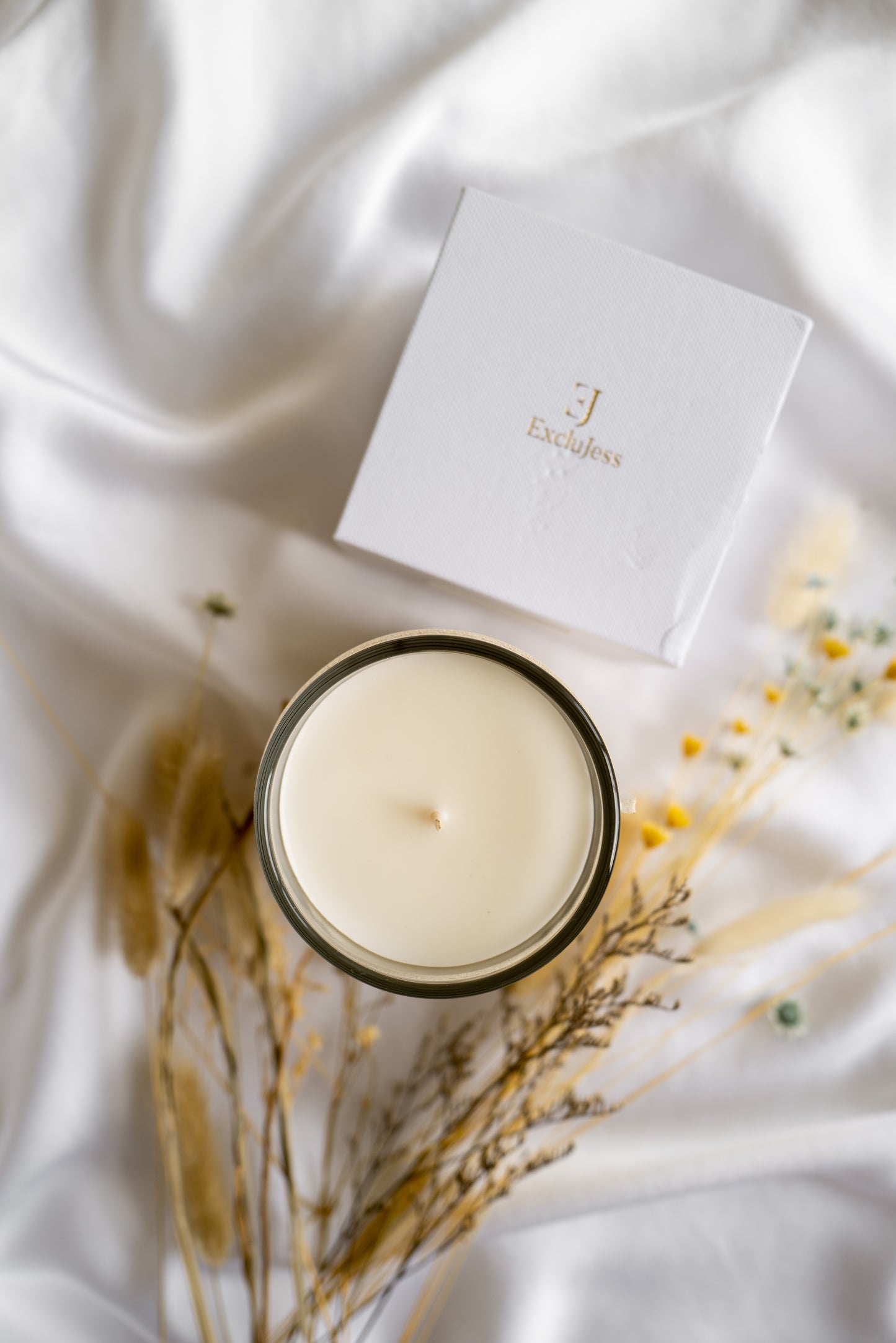 ExcluJess Leather Premium Candles White with box on cloth