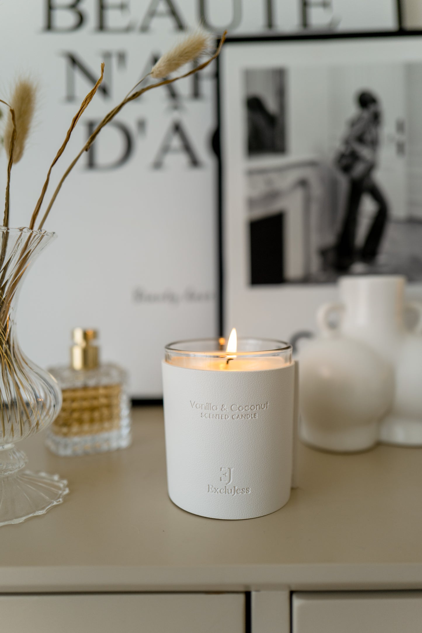 ExcluJess Leather Premium Candles White on shelf lighted